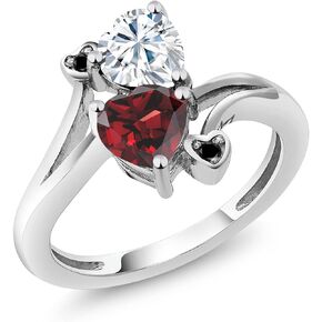 Gem Stone King 925 Sterling Silver White Moissanite Red Garnet and Black Diamond Ring For Women (1.83 Cttw, Heart Shape 6MM, Gemstone Birthstone, Available In Size 5, 6, 7, 8, 9)