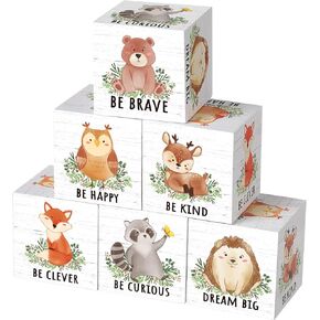 6 Pcs Inspirational Woodland Animal Nursery Decor Wooden Forest Animals Bear Raccoon Fox and Deer Decor Blocks Woodland Table Decor Woodland Creatures Decor for Baby Room Decor