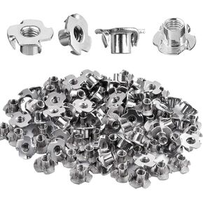 100 Pack 1/4"-20 T-nut, 304 Stainless Steel Threaded Insert, 4-Pronged Tee Nut for Wood,Rock Climbing Holds,Cabinetry,Furniture