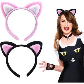 2-Pack Cat Ears Headbands for Girls - Cat Ears Headband Kids - Cat Ears Headwear - Flannelette Hair Hoops for Halloween Costume and Party - Hallween Headband (Black and Pink)