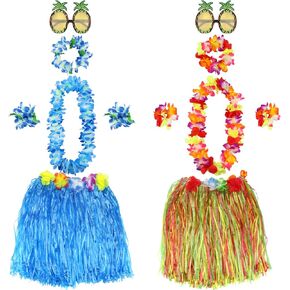 2 Sets Hawaiian Hula Grass Dance Skirt with Pineapple Sunglasses Leis Costume Elastic Hawaiian for Luau party in Kuwait
