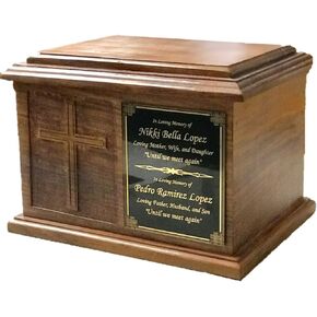 Extra Large Cross Wooden Funeral Cremation Ash Urn, Companion Human Cremation Urn, Double Urn with Customized Name Plate