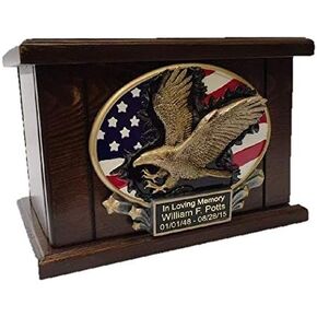 Custom Engraved Large American Flag and Eagle Wooden Funeral Cremation Urn