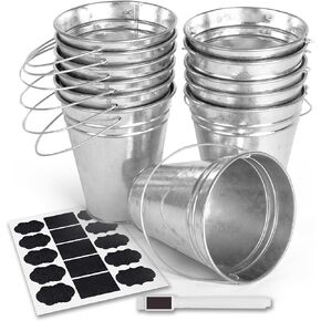 Galvanized Metal Bucket with Handle 12 Pcs- Metal Buckets for Party, Tin Buckets with erasable Stickers and Chalk Marker Silver Bucket 4.7" W x 5" H x 2.7" L