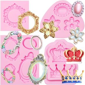 Vintage Frame Silicone Mold 4 Pcs, Photo Frame Crown Fondant Molds Jewel Flower Chocolate Mold for Cake Decoration Candy Sugar Cupcake Topper Cake Pop Popsicle Polymer Clay Crafts