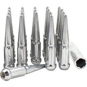 Wheel Accessories Parts 20 Pcs 9/16" Thread Lug Nuts Spike Spline Solid Metal Truck Spline 4.40" Long Black Chrome Fits 2009-10 Dodge Dakota 2003-09 Durango 2002-11 Ram 1500