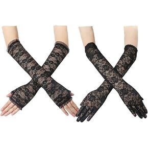 Faccubee 2 Pair Women Lady Girl Goth Punk Vintage Elegant Long Lace Floral Opera Dance Wedding Bridal Gloves Elbow Length Fingerless Party Costume Accessories Halloween Cosplay Masquerade Black