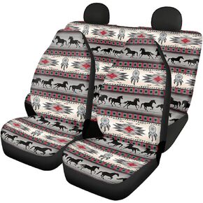 CLOHOMIN Southwest Native American Car Seat Cover Full Set Front and Rear 4pcs Indian Tribal Aztec Geometry Horse Dreamcatcher SUV Sedan Van Truck Car Fabric Seat Protector for Women Men