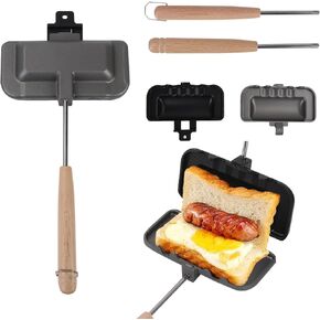 Qivine Breakfast Sandwich Maker, Double-Side Hot Dog Toaster, Nonstick Sandwich Baking Pan Hot Dog Bun Pan, Hot Campfire Sandwich Maker With Removable Handle for Breakfast Pancakes, Toast, Omelets