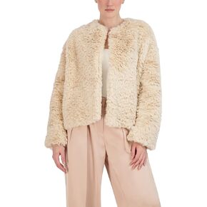 BCBGMAXAZRIA Women's Relaxed Faux Fur Jacket Long Sleeve Crew Neck Coat