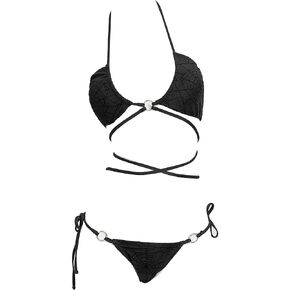 Meowcos Women's Bikini Sets Gothic Bathing Suit Flocked Spider Web Two Piece Swimsuit