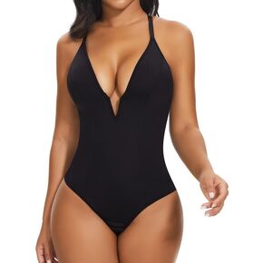 SHAPERIN Women's Deep V Neck Bodysuit Double Lined Plunge Tummy Control Shapewear Thong Body Suits Backless Cami Tank