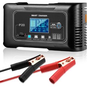 20 Amp Car Battery Charger, 12V and 24V LiFePO4 Battery Charger (AGM/SLA/Gel/Wet/VRLA…), Trickle Charger for Optimal Performance of Automotive,RV,Lawn Mower,Golf Cart,and Marine Batteries