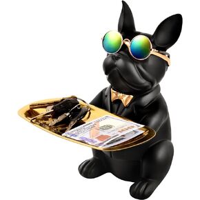 Resin French Bulldog Statue for Home Decor - Decorative Tray for Living Room, Bedroom, Coffee Table - Small Object Storage and Key Holder - Modern Black Bulldog Statue Decoration (Black)