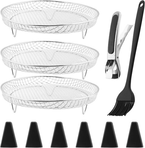 Serveyou 3 Pcs Air Fryer Racks,Air Fryer Three Layer Mesh Set,Heightening Feet Air Fryer Rack,with Oil Brush and Clip Stainless Steel Stack able for Air Fryers,Ovens, Air Fryer Accessories in Kuwait