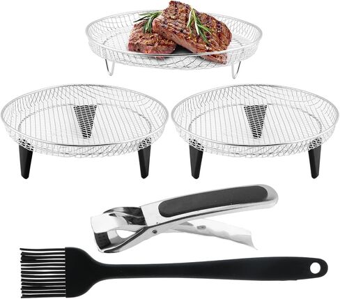 Serveyou 3 Pcs Air Fryer Racks,Air Fryer Three Layer Mesh Set,Heightening Feet Air Fryer Rack,with Oil Brush and Clip Stainless Steel Stack able for Air Fryers,Ovens, Air Fryer Accessories in Kuwait
