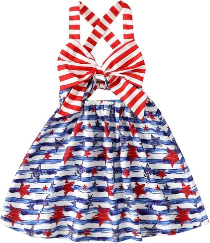 Noubeau 4th من يوليو طفل طفلة ملابس القوس فستان الرسن عارية الذراعين فساتين نجمة المشارب ملابس الصيف الوطنية in Kuwait