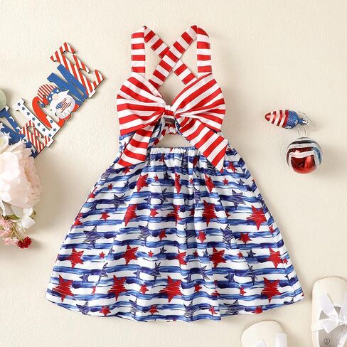 Noubeau 4th من يوليو طفل طفلة ملابس القوس فستان الرسن عارية الذراعين فساتين نجمة المشارب ملابس الصيف الوطنية in Kuwait