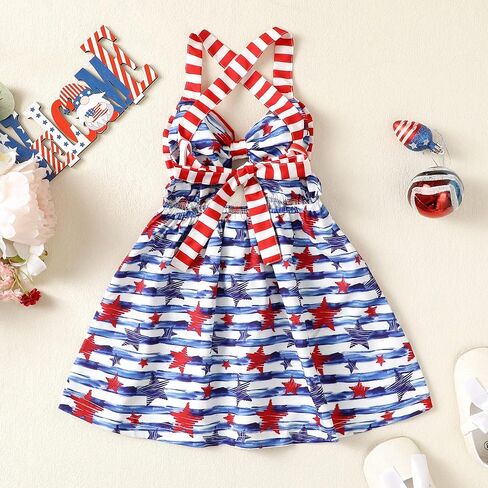 Noubeau 4th من يوليو طفل طفلة ملابس القوس فستان الرسن عارية الذراعين فساتين نجمة المشارب ملابس الصيف الوطنية in Kuwait
