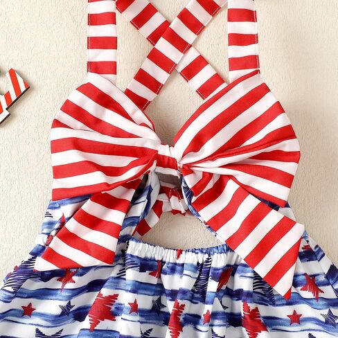 Noubeau 4th من يوليو طفل طفلة ملابس القوس فستان الرسن عارية الذراعين فساتين نجمة المشارب ملابس الصيف الوطنية in Kuwait