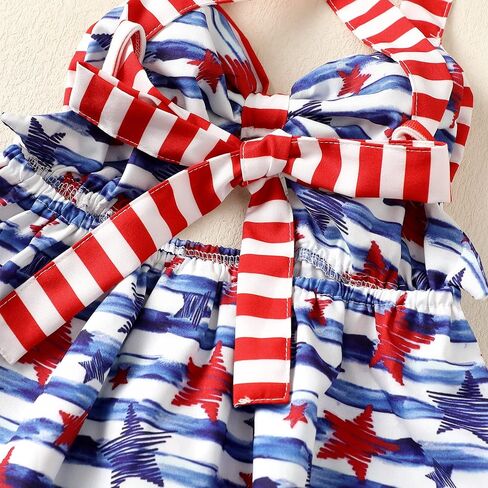 Noubeau 4th من يوليو طفل طفلة ملابس القوس فستان الرسن عارية الذراعين فساتين نجمة المشارب ملابس الصيف الوطنية in Kuwait