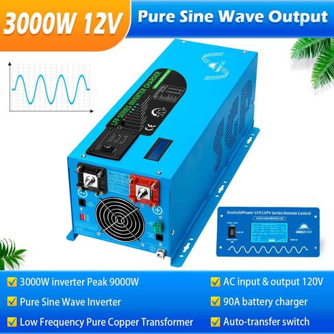 Sungoldpower 3000W DC 12V Peak 9000W Inverter Charger Pure Sine Wave Upgrade, AC 120V with 90A Battery AC Charger LCD Display, Low Frequency Inverter, for RV, Trailer, Camper, Home, Boat in Saudi Arabia