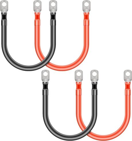 Gulfmew 4 قطع 2 كابل بطارية AWG بطول 1 قدم، 2 كابل عاكس طاقة أسود و2 أحمر مع عروات نحاسية معلب مقاس 5/16 بوصة للسيارات والطاقة الشمسية وRV والبحرية وعربات الجولف وجزازة العشب وبطاريات عاكس الطاقة in Kuwait