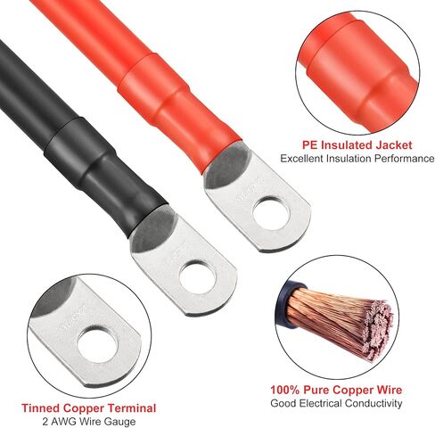 Gulfmew 4 قطع 2 كابل بطارية AWG بطول 1 قدم، 2 كابل عاكس طاقة أسود و2 أحمر مع عروات نحاسية معلب مقاس 5/16 بوصة للسيارات والطاقة الشمسية وRV والبحرية وعربات الجولف وجزازة العشب وبطاريات عاكس الطاقة in Kuwait