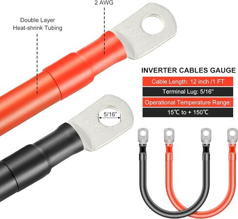 Gulfmew 4 قطع 2 كابل بطارية AWG بطول 1 قدم، 2 كابل عاكس طاقة أسود و2 أحمر مع عروات نحاسية معلب مقاس 5/16 بوصة للسيارات والطاقة الشمسية وRV والبحرية وعربات الجولف وجزازة العشب وبطاريات عاكس الطاقة in Kuwait