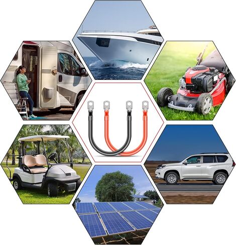 Gulfmew 4 قطع 2 كابل بطارية AWG بطول 1 قدم، 2 كابل عاكس طاقة أسود و2 أحمر مع عروات نحاسية معلب مقاس 5/16 بوصة للسيارات والطاقة الشمسية وRV والبحرية وعربات الجولف وجزازة العشب وبطاريات عاكس الطاقة in Kuwait