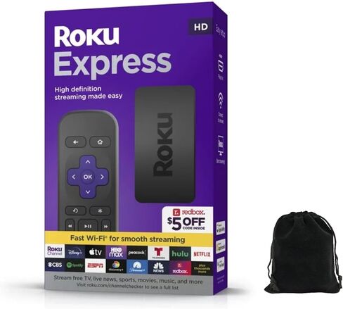 جهاز البث Roku Express HD مع كابل HDMI عالي السرعة، وجهاز تحكم عن بعد قياسي (بدون أدوات تحكم في التلفزيون) وواي فاي سريع، يتضمن حقيبة in Kuwait
