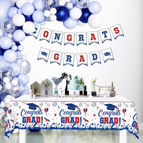 مفرش طاولة التخرج فئة 2024، 3 قطع باللون الأحمر والأبيض والأزرق مفرش طاولة تهنئة التخرج، ديكورات حفلات التخرج للاستعمال مرة واحدة 2024، أغطية طاولات من الألومنيوم لمستلزمات حفلات التخرج، 54 × 108 in Kuwait
