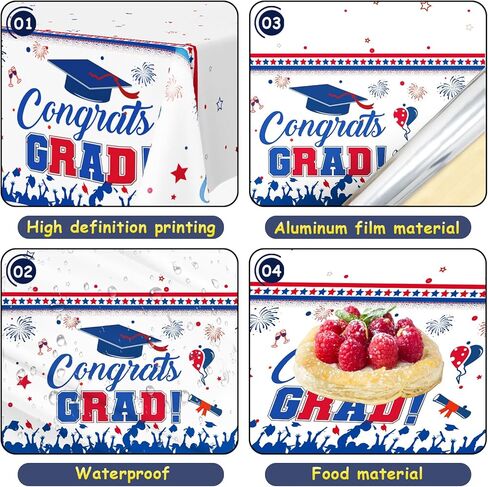 مفرش طاولة التخرج فئة 2024، 3 قطع باللون الأحمر والأبيض والأزرق مفرش طاولة تهنئة التخرج، ديكورات حفلات التخرج للاستعمال مرة واحدة 2024، أغطية طاولات من الألومنيوم لمستلزمات حفلات التخرج، 54 × 108 in Kuwait