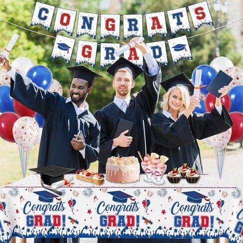 مفرش طاولة التخرج فئة 2024، 3 قطع باللون الأحمر والأبيض والأزرق مفرش طاولة تهنئة التخرج، ديكورات حفلات التخرج للاستعمال مرة واحدة 2024، أغطية طاولات من الألومنيوم لمستلزمات حفلات التخرج، 54 × 108 in Kuwait