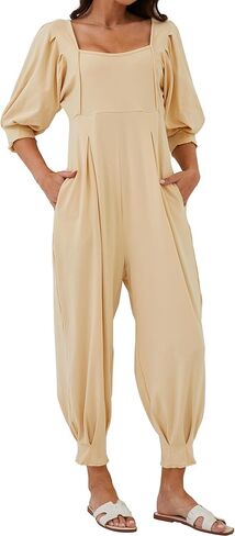 Labolliy جمبسوت نسائي فضفاض غير رسمي سادة رقبة مربعة منتفخة نصف كم على شكل حرف V من الخلف طويل سراويلي حريمي مع جيوب in Kuwait