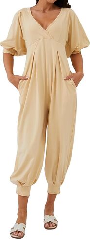 Labolliy جمبسوت نسائي فضفاض غير رسمي سادة رقبة مربعة منتفخة نصف كم على شكل حرف V من الخلف طويل سراويلي حريمي مع جيوب in Kuwait