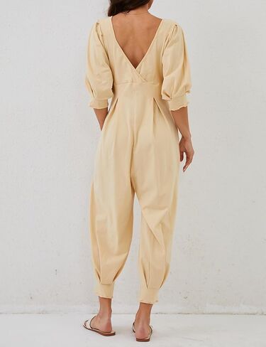 Labolliy جمبسوت نسائي فضفاض غير رسمي سادة رقبة مربعة منتفخة نصف كم على شكل حرف V من الخلف طويل سراويلي حريمي مع جيوب in Kuwait