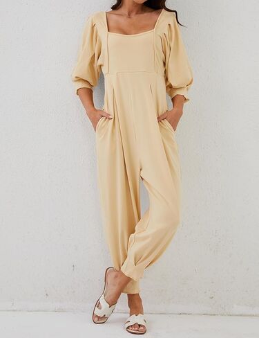 Labolliy جمبسوت نسائي فضفاض غير رسمي سادة رقبة مربعة منتفخة نصف كم على شكل حرف V من الخلف طويل سراويلي حريمي مع جيوب in Kuwait