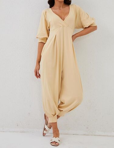 Labolliy جمبسوت نسائي فضفاض غير رسمي سادة رقبة مربعة منتفخة نصف كم على شكل حرف V من الخلف طويل سراويلي حريمي مع جيوب in Kuwait