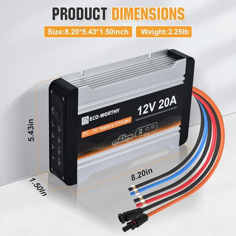 شاحن صديق للبيئة 12 فولت 20 أمبير تيار مستمر إلى تيار مستمر مع وحدة تحكم شحن بالطاقة الشمسية مدمجة، شاحن بطارية 2 في 1 على اللوحة مع جل بطارية ليثيوم MPPT LiFePO4 AGM، شحن متعدد المراحل لمولد اللوحة الشمسية in Kuwait