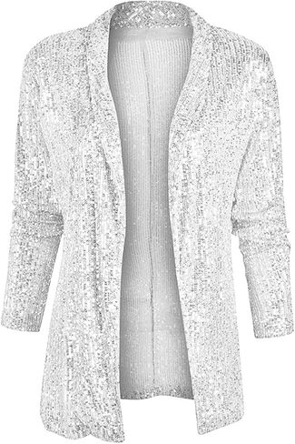 utcoco Women Sequin Blazer Casual Long Sleeve Open Front Sparkle Blazer Jacket (Small, Silver) in Kuwait