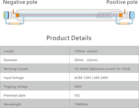 ANKZONE أنبوب ليزر ثاني أكسيد الكربون 50 وات كابلات سلكية مسبقًا واجهة سريعة D50 L820mm لآلة النقش والقطع بالليزر CO2 (50 وات 820 مم) in Saudi Arabia