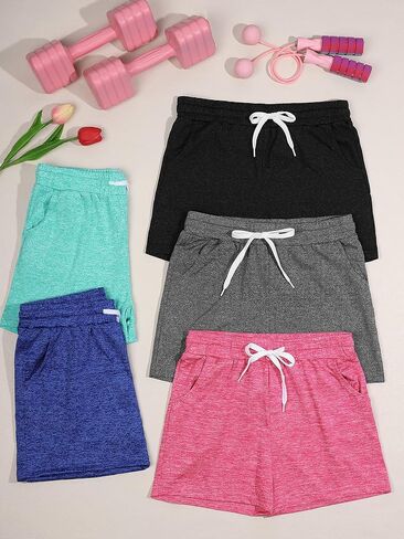 Resinta 5 Packs Youth Girls Athletic Shorts with Drawstring Pockets Girls Soccer Running Shorts for Yoga Workout Dance in Saudi Arabia