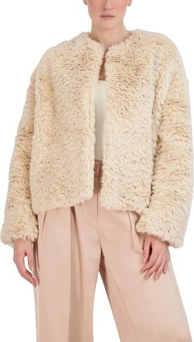 BCBGMAXAZRIA Women's Relaxed Faux Fur Jacket Long Sleeve Crew Neck Coat in Saudi Arabia