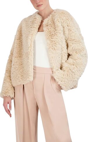 BCBGMAXAZRIA Women's Relaxed Faux Fur Jacket Long Sleeve Crew Neck Coat in Saudi Arabia