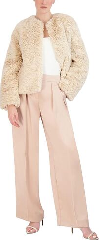 BCBGMAXAZRIA Women's Relaxed Faux Fur Jacket Long Sleeve Crew Neck Coat in Saudi Arabia