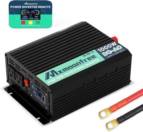 عاكس موجة جيبية نقية 1000 واط من Mxmoonfree 12 فولت تيار مستمر إلى 110/120 فولت تيار متردد مع جهاز تحكم عن بعد، شاشة LCD، 2 منفذ USB، 2 منافذ تيار متردد لنظام RV خارج الشبكة للسيارة الشمسية، معتمد من لجنة الاتصالات الفيدرالية (FCC) ROHS in Kuwait