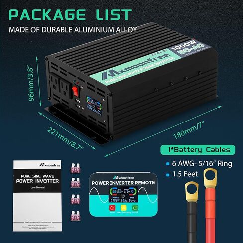 عاكس موجة جيبية نقية 1000 واط من Mxmoonfree 12 فولت تيار مستمر إلى 110/120 فولت تيار متردد مع جهاز تحكم عن بعد، شاشة LCD، 2 منفذ USB، 2 منافذ تيار متردد لنظام RV خارج الشبكة للسيارة الشمسية، معتمد من لجنة الاتصالات الفيدرالية (FCC) ROHS in Kuwait