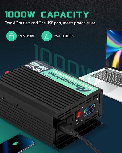 عاكس موجة جيبية نقية 1000 واط من Mxmoonfree 12 فولت تيار مستمر إلى 110/120 فولت تيار متردد مع جهاز تحكم عن بعد، شاشة LCD، 2 منفذ USB، 2 منافذ تيار متردد لنظام RV خارج الشبكة للسيارة الشمسية، معتمد من لجنة الاتصالات الفيدرالية (FCC) ROHS in Kuwait