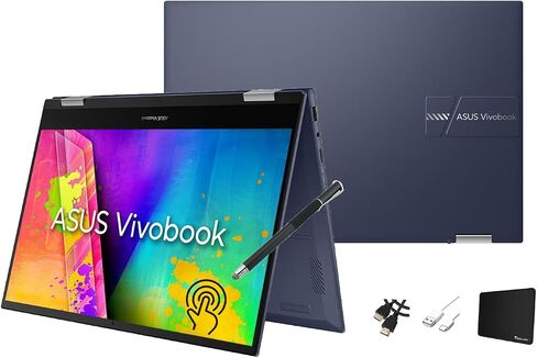 ASUS VivoBook 14 inch 2-in-1 Laptop, HD Touchscreen, Intel Celeron N4500, 4GB RAM, 64GB eMMC + 512GB SSD, NumberPad, Windows 11, 1-Year Microsoft 365 Personal, Quiet Blue with Accessories in Saudi Arabia